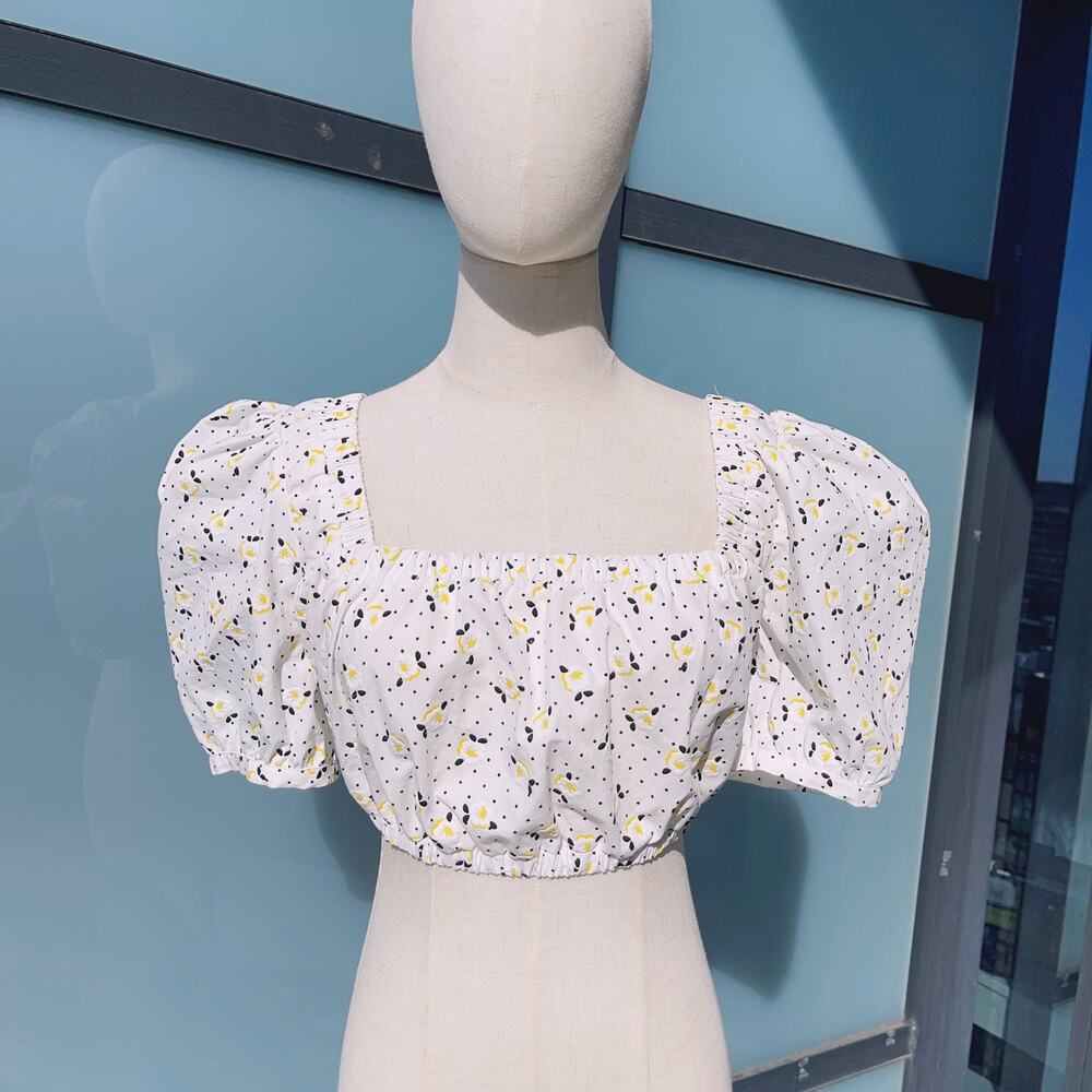 🌼 NWT ZARA Floral Puff Sleeve Crop Top | Square Neck Cotton Blouse | XS